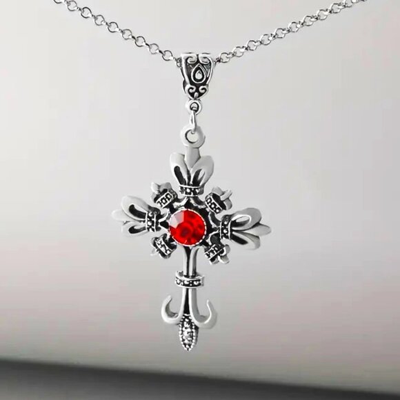 Necklace Ornate Cross Pendant Silver Magic Goth Crystal Fleur de lis Spiritual - Picture 3 of 5